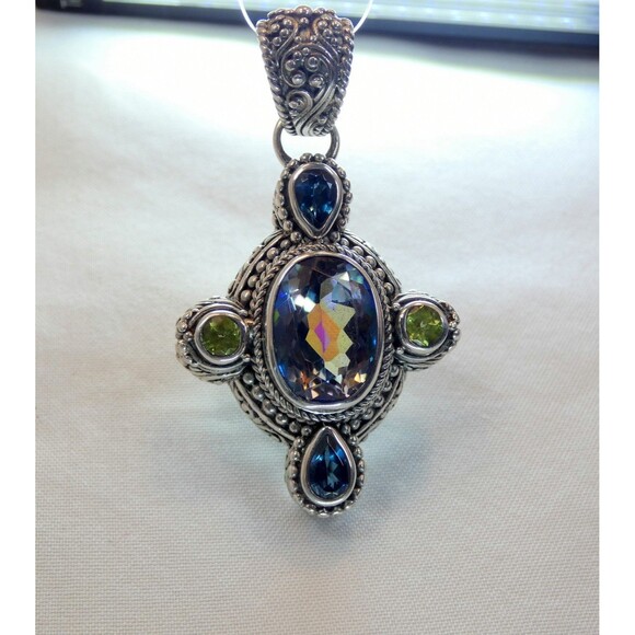 SARDA Bali Signed Sterling Silver Mystic Topaz-Peridot-London Topaz Pendant - Picture 8 of 12